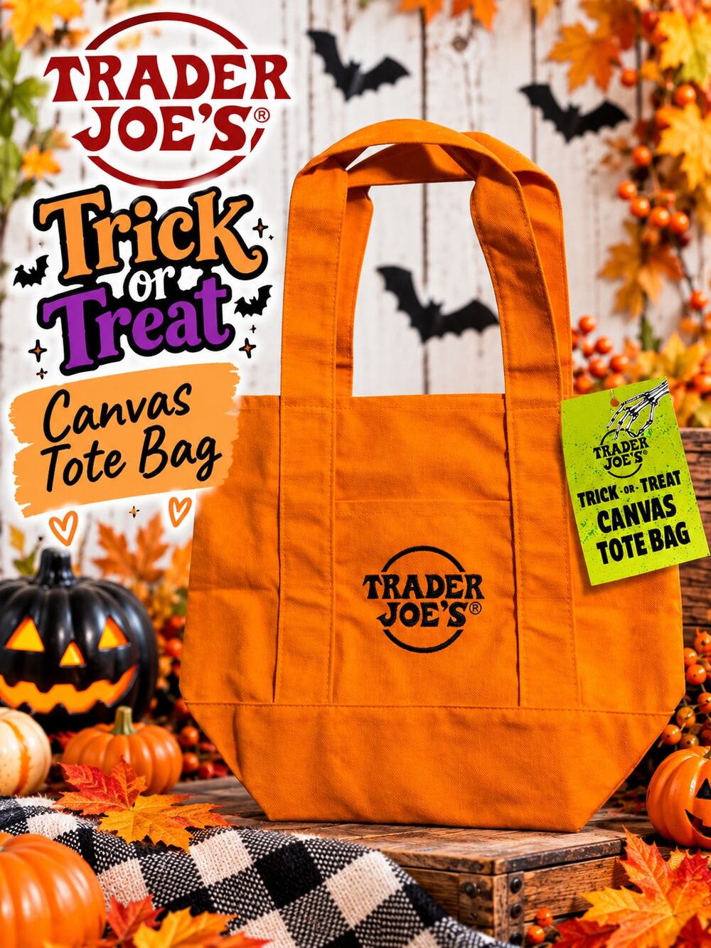 Trader Joe's Trick or Treat Orange Canvas Tote Halloween NWT